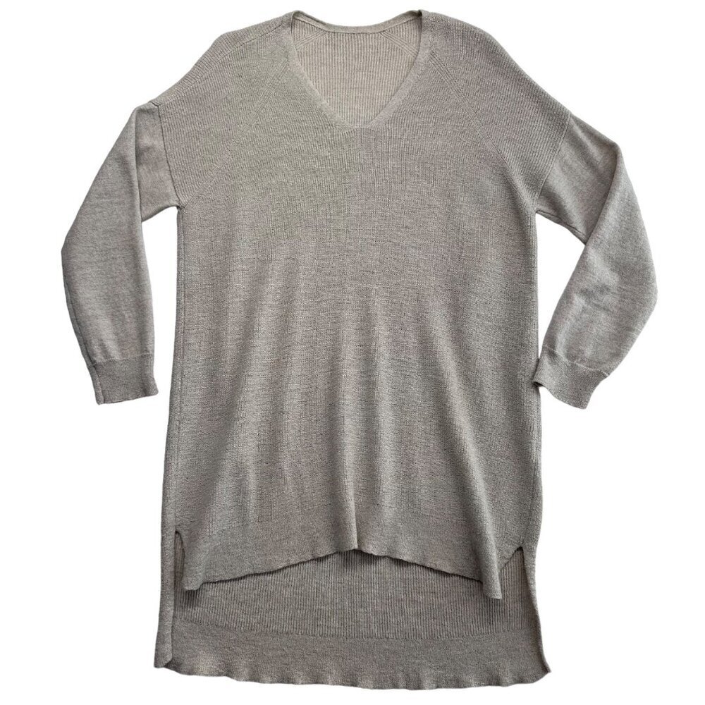 Eileen Fisher 100% Wool Tunic V-Neck Rib Knit Sweater Size M? Ecru Lightweight